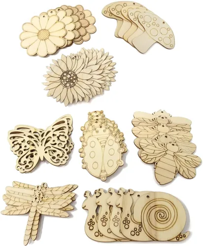 Vista 5 de Honbay 40 piezas de recortes de madera de primavera sin terminar de madera, mariposa, girasol, escarabajo, flor, libélula hongo, abeja, caracol