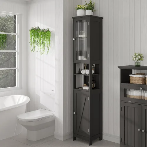 Vista 2 de ChooChoo Armario Alto de Almacenamiento para Baño con Luz, Gabinete de Baño Estrecho de 5 Niveles con 2 Puertas, Gabinete de Ropa Blanca Delgado