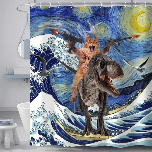 Vista 2 de Divertido juego de cortina de ducha con diseño de gato, dinosaurio japonés con ondas oceánicas, cortinas de baño divertidas para niños, decoración