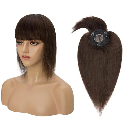 Vista 20 de MY-LADY Top Hairpieces para mujer con flequillo, base mono natural, 100% cabello humano real, clip en pieza de cabello lacio en medio para pérdida