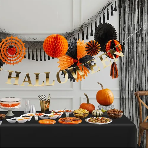 Vista 7 de Eunika 12 manteles de plástico desechables de Halloween, 54 x 108 pulgadas, mantel italiano rectangular a granel, negro, naranja, morado