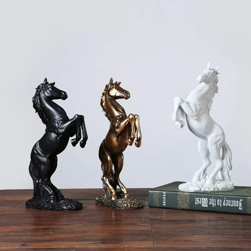 Vista 5 de Lependor Estatua de resina de caballo de pie, escultura de caballo de lucha para decoración del hogar, figura de arte, adorno decorativo de Negro
