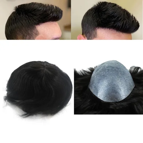 Vista 2 de Toupee negro para hombres sistema de cabello humano 1B PU piel postizos inyección (9 * 7 pulgadas)