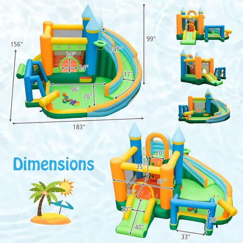 Vista 3 de BOUNTECH Tobogán acuático inflable, castillo de salto de agua 9 en 1 para niños con soplador, toboganes dobles, pelotas oceánicas, puerta de fútbol