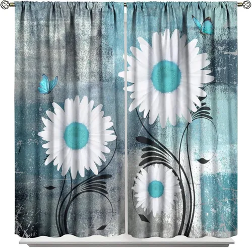 Vista 25 de Cortinas de cocina rústicas y florales, estilo retro, estilo granja, cabaña, casa de campo, margaritas, estilo granja, ventana, puerta