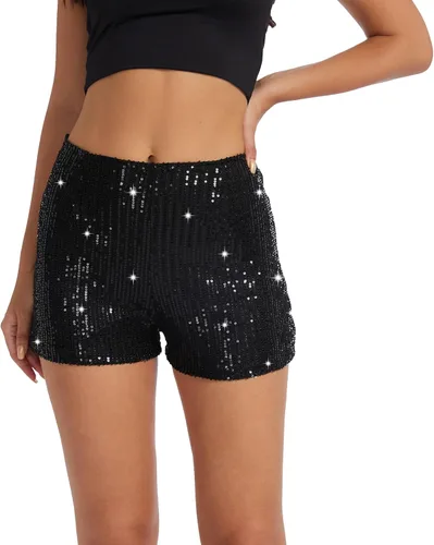 Vista 6 de BAICAIYU Pantalones cortos de lentejuelas para mujer, brillantes de cintura alta, color negro, ligeros, pierna recta, pantalones casuales