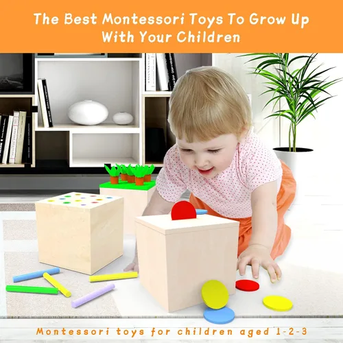Vista 3 de Adena Montessori Kit de juego de madera Montessori 3 en 1 para bebé, incluye juego de gotas de color con cerillas, juego de cosecha de zanahorias