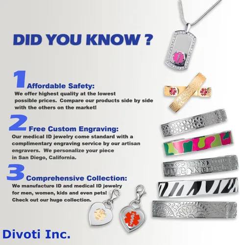 Vista 8 de Divoti Haley Pulsera de alerta médica para mujer con grabado gratuito y cadena bizantina dividida Estilo y tamaño acero inoxidable 12123PK-90