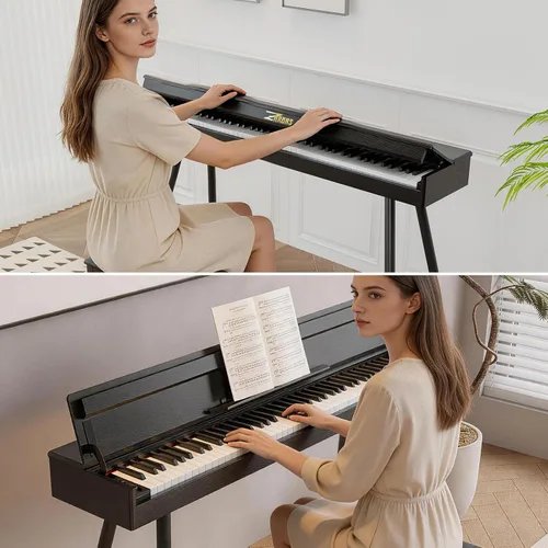 Vista 6 de Piano digital con peso completo de 88 teclas, teclado eléctrico vertical de madera con acción de martillo progresivo, unidad de 3 pedales, soporte