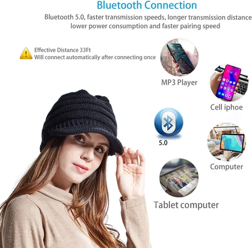 Vista 3 de Boina de invierno para mujer, con Bluetooth, gorro de algodón cálido para pintor, con visera de ganchillo, Negro