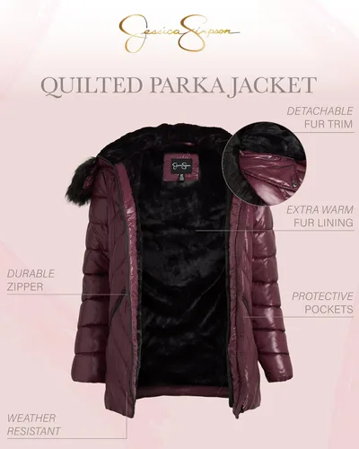 Vista 2 de Jessica Simpson Abrigo para mujer Chaqueta acolchada con forro de sherpa capucha con ribete de piel