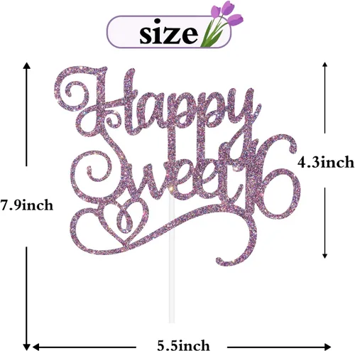 Vista 5 de Happy Sweet 16 - Decoración para tartas de cumpleaños de 16 años, decoraciones de feliz cumpleaños de 16 años para niñas y niños, purpurina morada