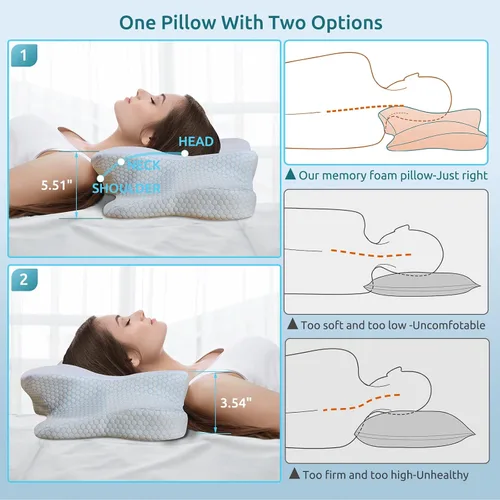 Vista 6 de DONAMA - Almohada cervical ortopédica para alivio de dolor del cuello, espuma viscoelástica contorneada, soporte ergonómico para dormir de lado, Azul