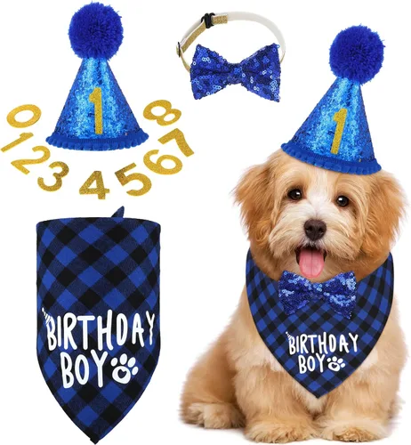 Vista 9 de Weewooday Suministros para Fiesta de Cumpleaños de Perro, Pañuelo de Cumpleaños para Niño y Niña, Bufanda Triangular, Sombrero de Fiesta, Corbata