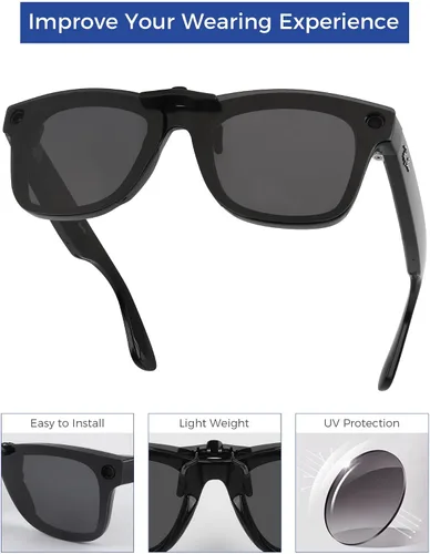 Vista 4 de Lentes de sol polarizados con clip para Ray-Ban Meta Wayfarer RW4008 y Gen 2 RW4012 grandes 53-22 para hombres y mujeres, protección UV, negro
