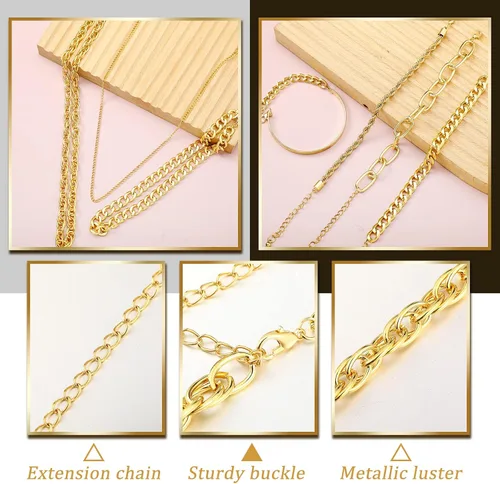 Vista 5 de Glenmal 7 Pcs Chain Necklace Bracelet Sets 90s Jewelry for Women Girls 80s 90s Hip Hop Layered Plated Dainty Chain Necklace Bracelet Set