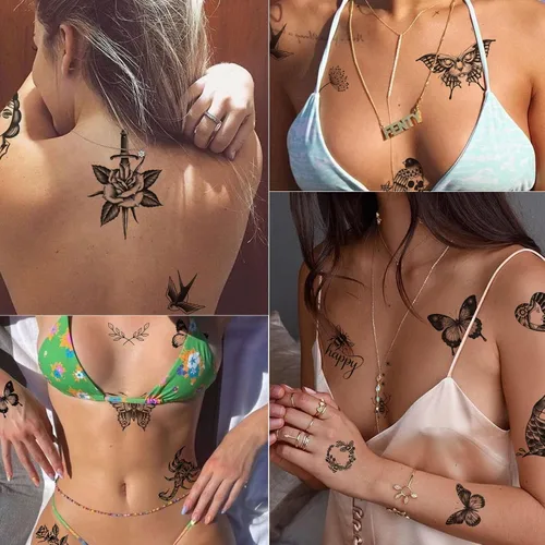 Vista 7 de Tazimi 8 hojas de tatuajes temporales grandes en negro para mujeres y niñas, tatuajes falsos realistas de mariposas, serpientes, abejas