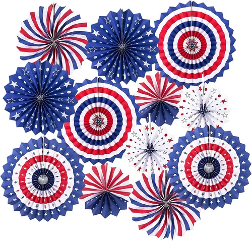 Vista 8 de LRCXL Juego de 12 abanicos de papel para colgar en fiestas, guirnaldas de papel con patrón redondo, suministros de fiesta para Año Nuevo, baby