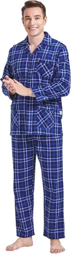 Vista 4 de GLOBAL Conjunto de pijama para hombre 100% franela de algodón ropa de dormir de manga larga superior e inferior
