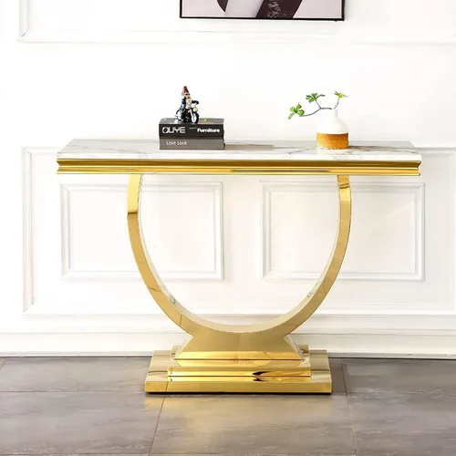 Vista 36 de Mesa de centro de 47 pulgadas de mármol negro con base en forma de U de acero inoxidable espejado, mesa central de parte superior rectangular