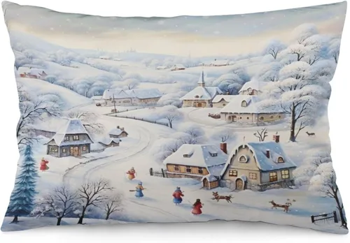 Vista 29 de Funda de almohada con escena de pueblo navideño con niños, fundas de almohada de 12 x 20 pulgadas, almohadas decorativas de Navidad para sofá, funda