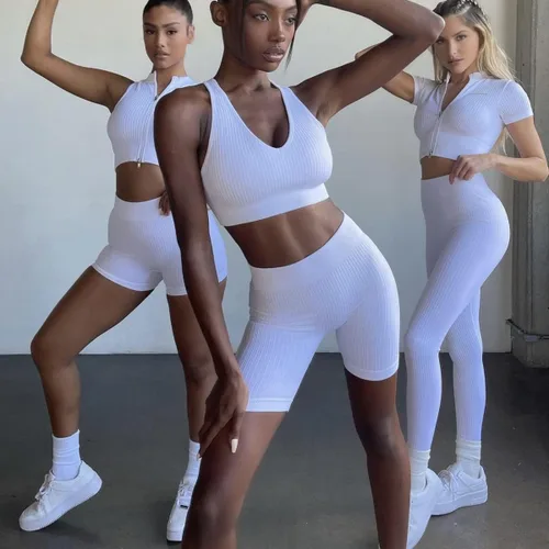 Vista 5 de Conjunto de entrenamiento para mujer, 2 piezas, sin costuras, para gimnasio, yoga, pantalones cortos de cintura alta, brasier deportivo, ropa