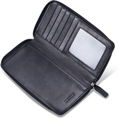 Vista 4 de HISCOW - Funda para libro de cheques con cremallera y tarjetero con divisor, piel de becerro italiana, Negro), 43224-72884