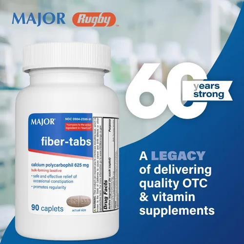 Vista 2 de MAJOR Fiber-Tabs - Tabletas de 625 mg - Terapia de fibra para regularidad - Alivio ocasional del estreñimiento para adultos - 90