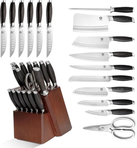 Vista 2 de WILDMOK Juego de bloque de cuchillos de cocina, juego de 17 piezas con bloque de madera, juegos de cuchillos de cocina de acero alemán con picador