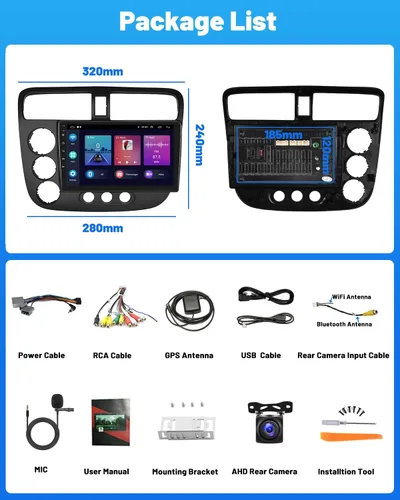 Vista 6 de Hikity Android 15 Estéreo de Coche para Honda Civic 2001-2005 con Carplay Inalámbrico Android Auto, Radio de Coche con Pantalla Táctil de 9 Pulgadas