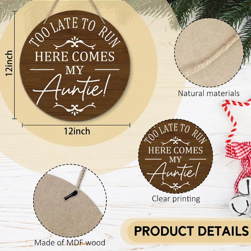 Vista 5 de PHAMTE Rustic Wedding Round Wreath Sign, Funny Ring Bearer Wall Hanging Plaque Wood Sign, too Late to Run Here Comes My Auntie Decor Decorations for