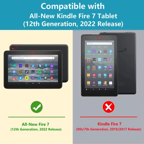 Vista 2 de Funda para tableta Amazon Kindle Fire 7 (pantalla de 7 pulgadas, 12ª generación, versión 2022), funda de piel sintética prémium con función