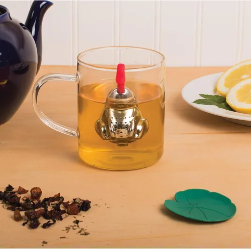 Vista 4 de HIC Kitchen Infusor de té con bandeja de goteo, almohadilla de rana y lirio, acero inoxidable 18/8 y plástico