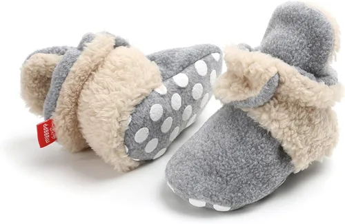 Vista 7 de EnJoCho Pantuflas de forro polar para niñas recién nacidas y niños con suela suave antideslizantes para primeros caminos gris 12-18 meses