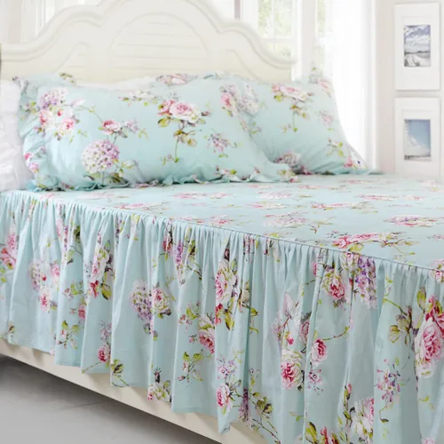 Vista 3 de FADFAY Juego de ropa de cama de algodón desgastado floral tamaño Queen 4 piezas en color azul claro con estampado de hortensias, estilo francés