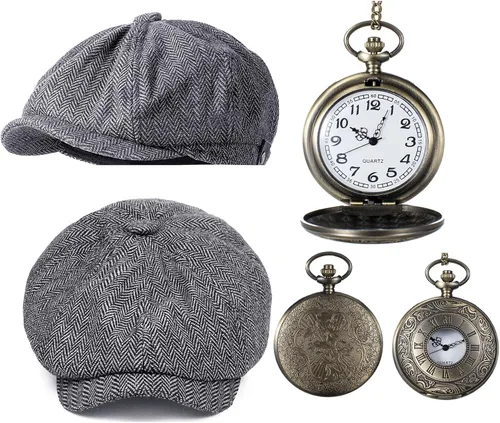 Vista 6 de TOGROP Chaleco de disfraz de los años 20 para hombre, sombrero y accesorios para reloj de bolsillo, juego de accesorios para fiesta de adultos
