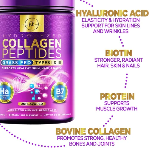 Vista 6 de Polvo de péptidos de colágeno 0.71 oz por porción - Polvo de colágeno hidrolizado alimentado con pasto tipo I y III con ácido hialurónico y biotina