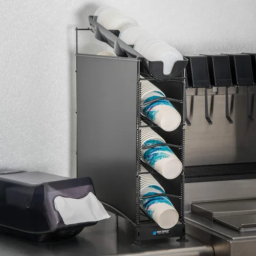 Vista 13 de San Jamar Wirewors Dispensador de tazas y tapas, 3 dispensadores de tazas y 1 organizador de tapa con paneles laterales para cocinas, restaurantes