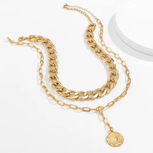 Vista 2 de JWICOS Collar grueso cubano bohemio dorado en capas delicado clip con colgante de moneda gargantilla para mujeres y niñas dorado