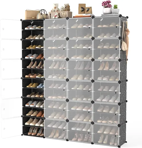 Vista 12 de Organizador portátil para zapatos con puerta, 48 pares de almacenamiento para zapatos, fácil de montar, plástico ajustable, organizador de zapatos