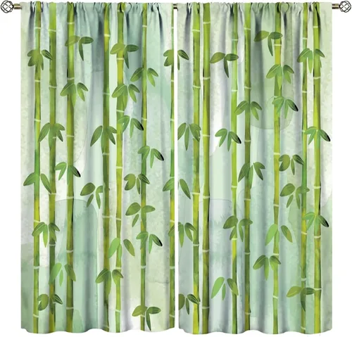 Vista 43 de Cortinas con estampado de bambú verde natural, plantas asiáticas, japonesas, tallos rústicos, hojas, cortina de selva con bolsillo para cortinero