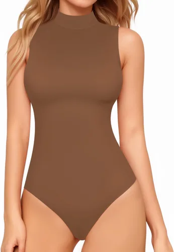 Vista 19 de MANGOPOP - Body de cuello de tortuga simulado sin mangas para mujer, leotardo de camiseta sin mangas 01 Negro
