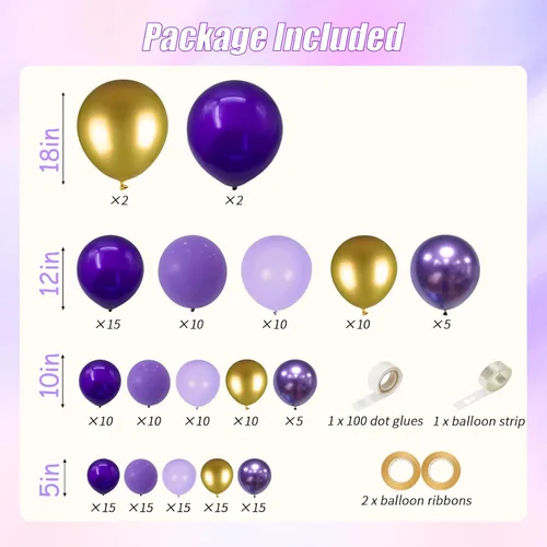 Vista 2 de Kit de arco de guirnalda de globos morados y dorados de 163 piezas - Globos morados oscuros, lavanda lila, globos dorados metálicos para bodas, baby