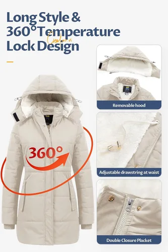 Vista 5 de CREATMO US Abrigo de invierno de sherpa grueso para mujer, chaqueta de nieve cálida con capucha extraíble