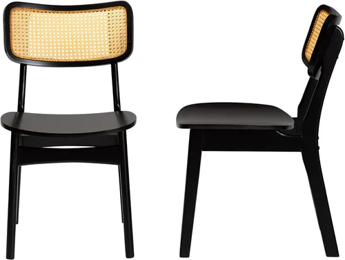 Vista 5 de Baxton Studio Tafari Mid-Century - Juego de sillas de comedor de 2 piezas con acabado marrón oscuro y ratán