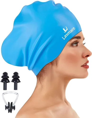 Vista 15 de Large Long Hair Swim Cap with Extra Room for Women Men, Silicone Swimming Cap for Long Thick Hair with Ear Plugs Nose Clip Set, Adult Waterproof