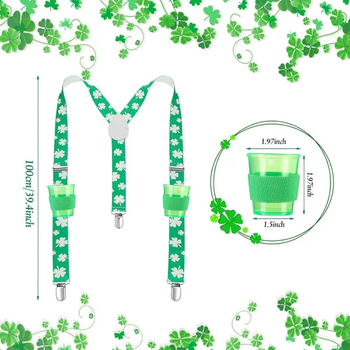 Vista 2 de Geyoga 3 juegos de tirantes verdes para el día de San Patricio tirantes elásticos ajustables para hombre con clips trébol con copas y alfileres