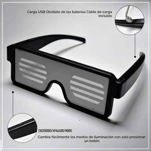Vista 3 de Gafas LED: gafas de sol iluminadas con batería de larga duración, neón, 11 patrones