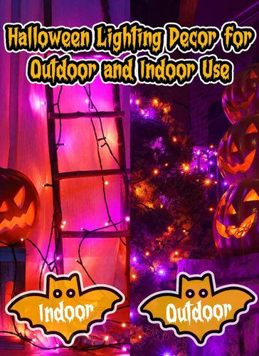 Vista 5 de Luces de Halloween naranja púrpura para exteriores, 17.8 pies, 50 luces LED de Navidad con 8 modos, mini tira de luces impermeables a pilas para uso
