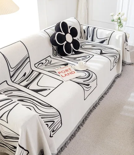Vista 6 de Funda de sofá bohemia de chenilla, suave, apta para mascotas, protector de muebles multiusos con borlas Boho 3 Murales Franceses Negro